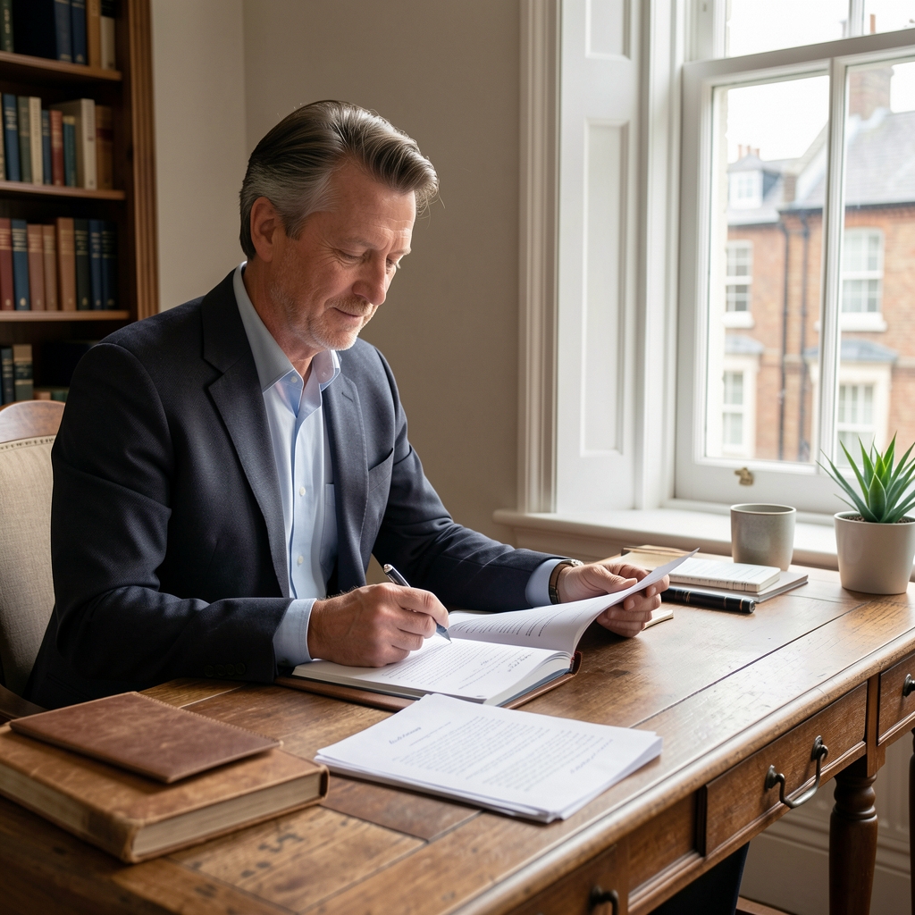 Editorial portrait of a nutritionist at a desk with notebooks and seasonal produce, soft natural window light, London studio