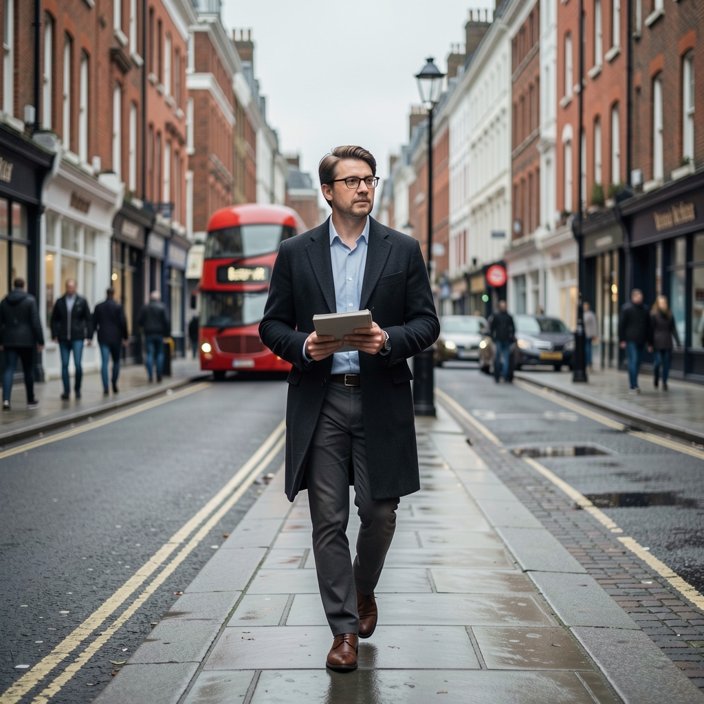 Tobias Ashcroft, contributing writer, walking on a London street with notebook in hand on an overcast morning