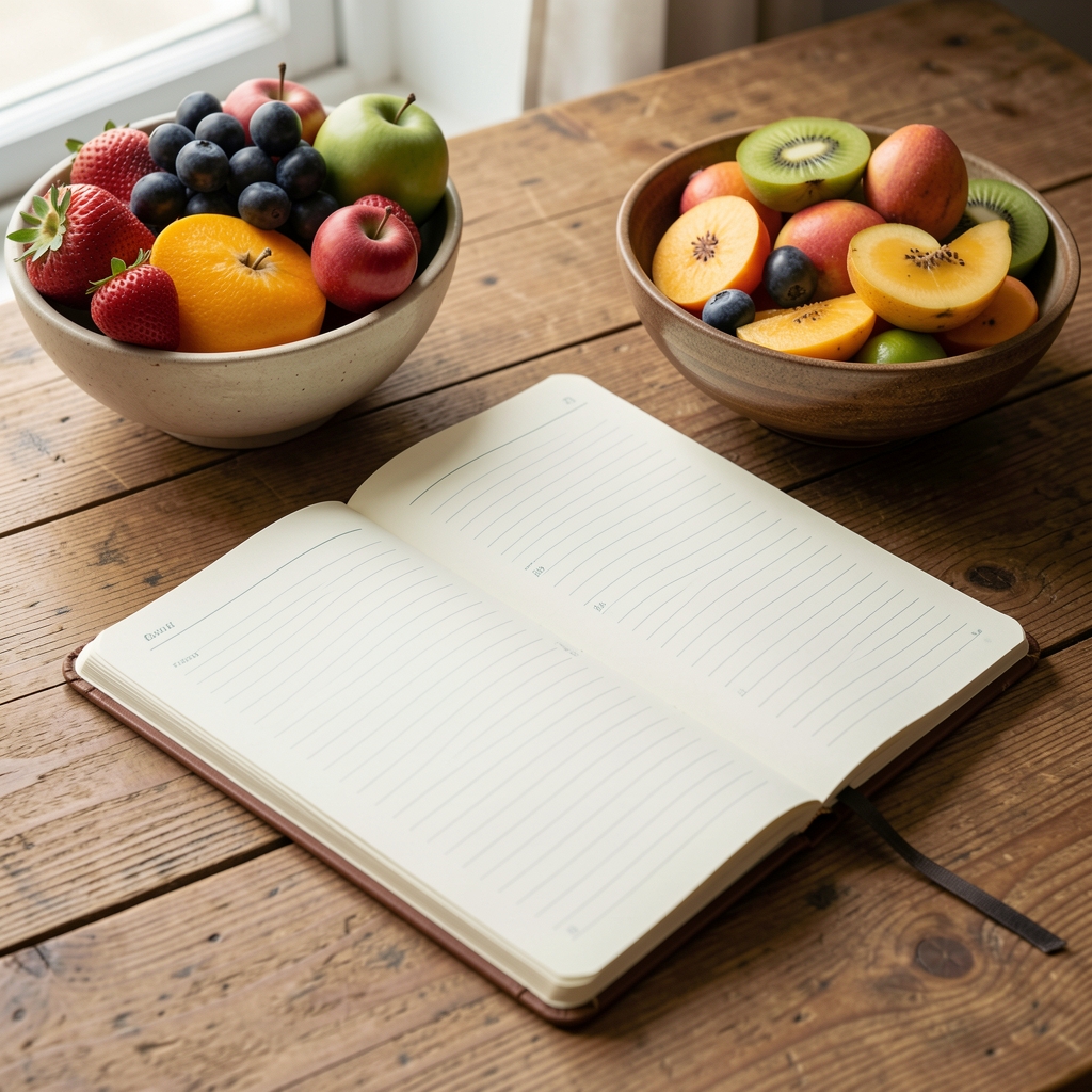 Open food journal notebook on a wooden desk beside a bowl of seasonal fruit, morning natural light