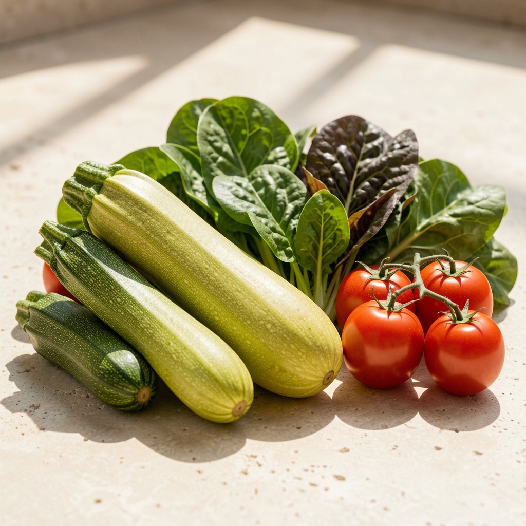 Fresh seasonal vegetables — courgettes, tomatoes, leafy greens — arranged on a pale stone surface in bright natural light