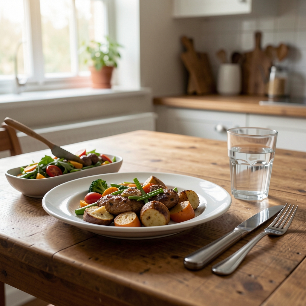 Balanced home-cooked meal on a wooden kitchen table with a glass of water, natural afternoon light through a window