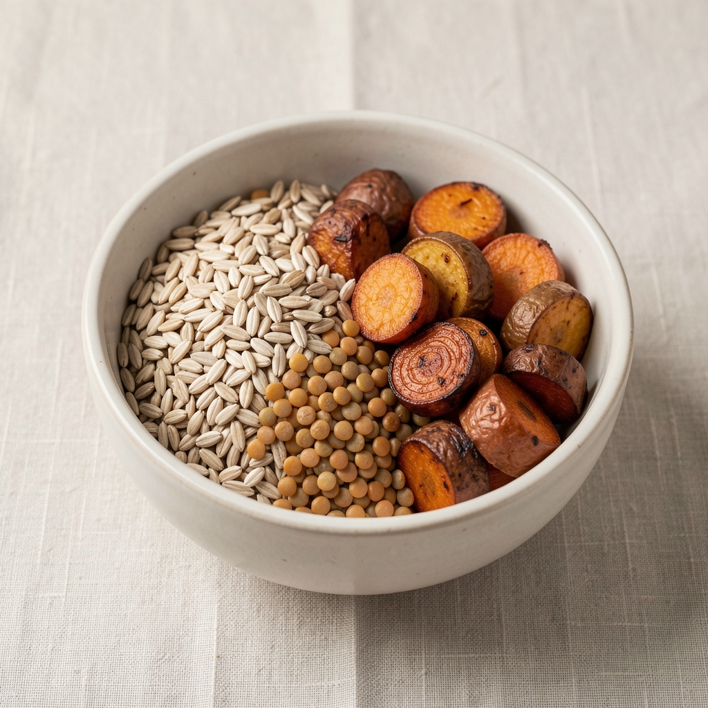 Bowl of whole grains, lentils, and roasted root vegetables on a pale linen surface, editorial food photography