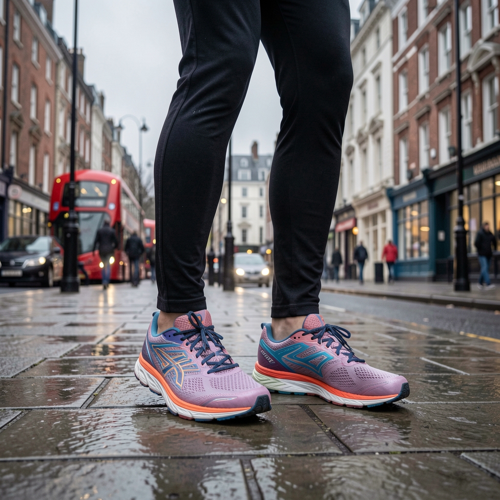Running shoes on a London pavement in early morning light, overcast January sky, long-form active commute