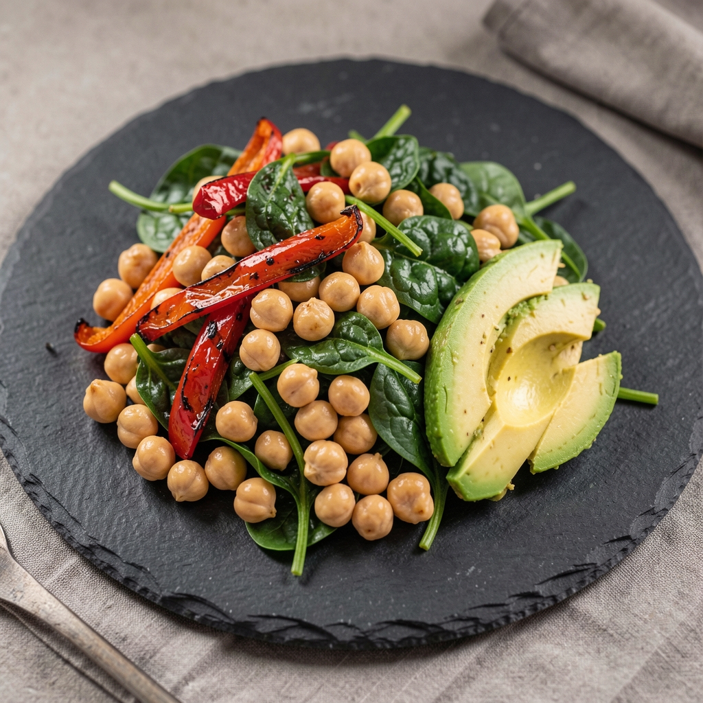 Colourful plant-based meal — chickpeas, roasted peppers, spinach, and avocado — arranged on a dark slate plate