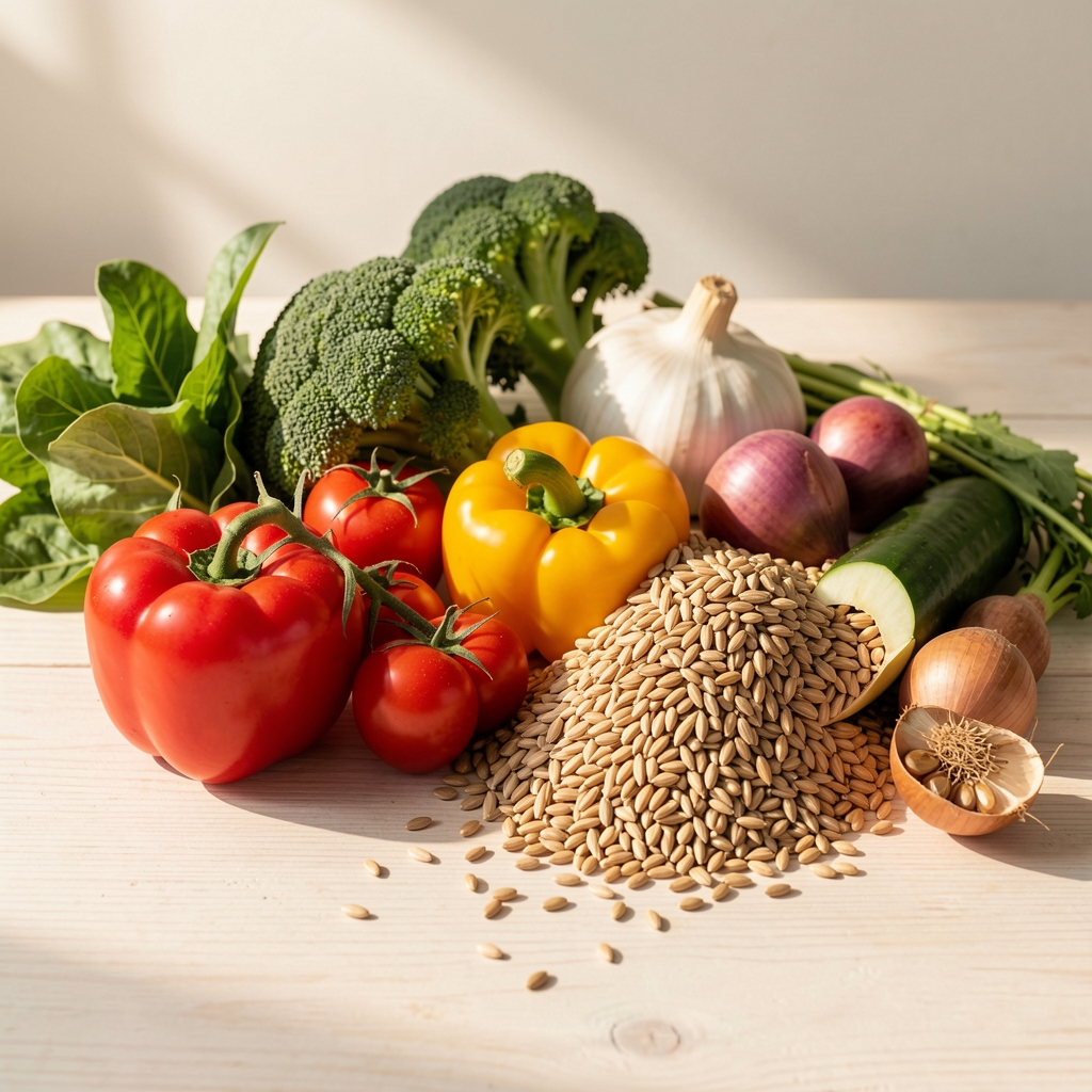 Seasonal vegetables and whole grains arranged on a pale wooden surface in morning light, editorial composition