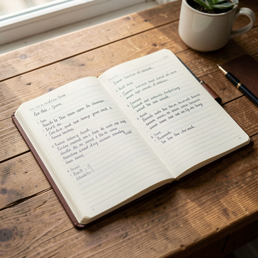 Notebook open on a wooden desk with handwritten food journal entries in natural daylight